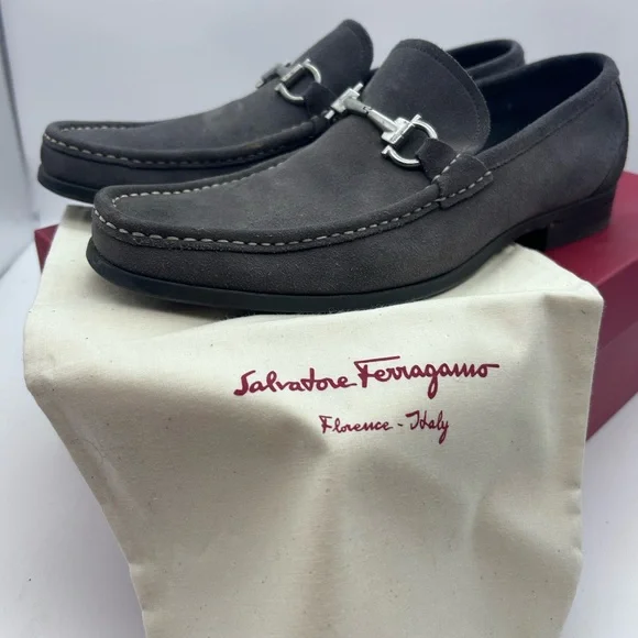 Salvatore Ferragamo Gancini Bit Loafers Men's US 9 D Gray Suede Leather Silver - Picture 3 of 15